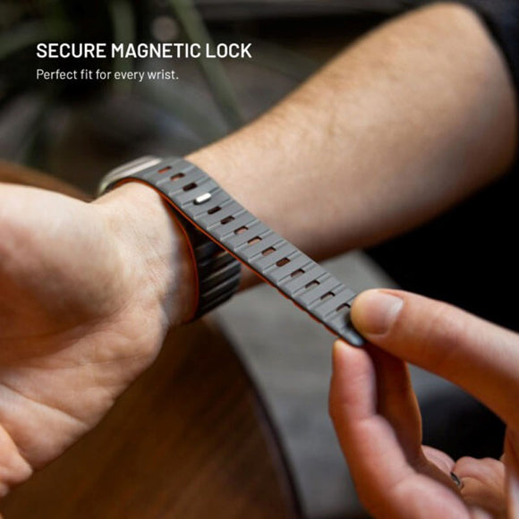 Apple Watch (42/44/SE/45/46/49mm) Fixed Magnetisk Silikone Rem - Grå / Orange