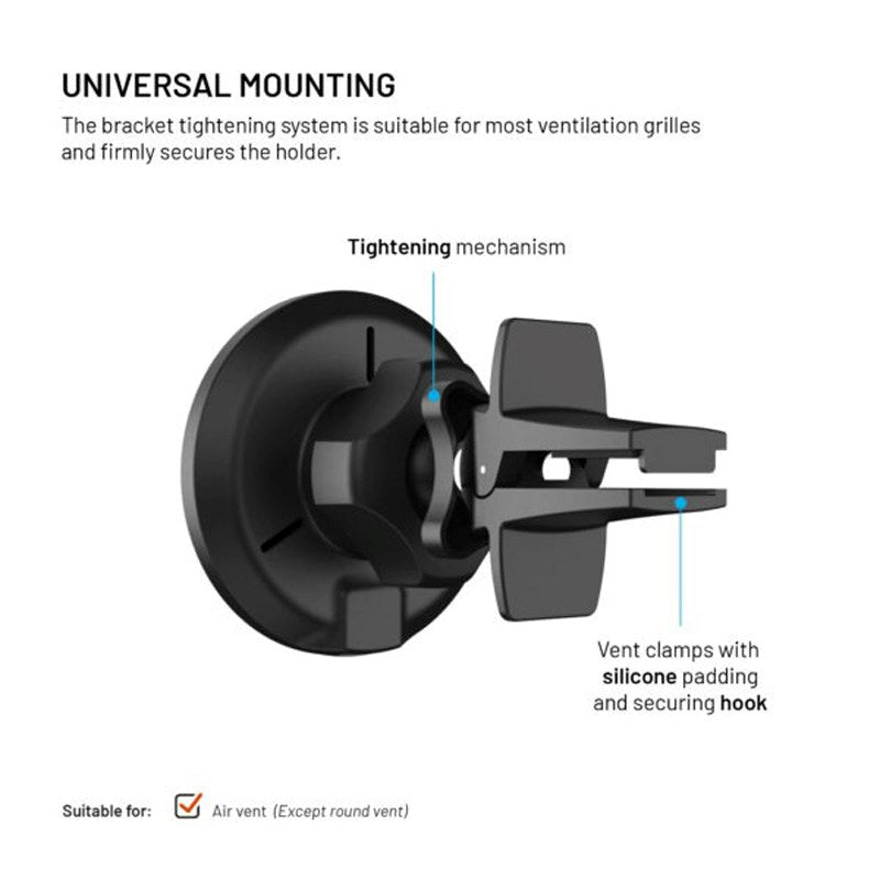Fixed Mobilholder til Bil m. 15W Trådløs Opladning - Ventilationsgitter - Sort