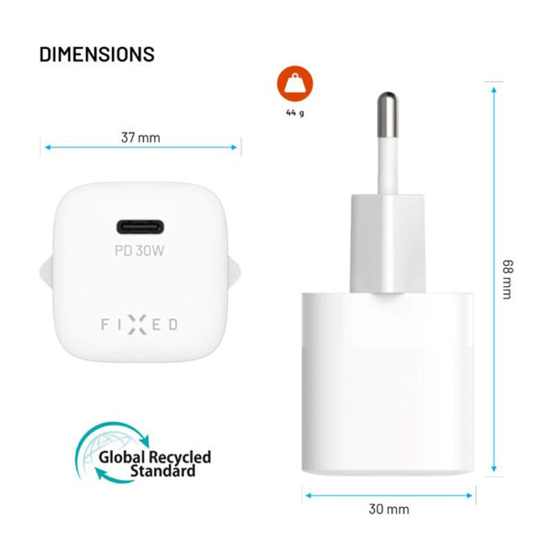 Fixed 30W Mini Vægoplader m. USB-C & PD - Hvid