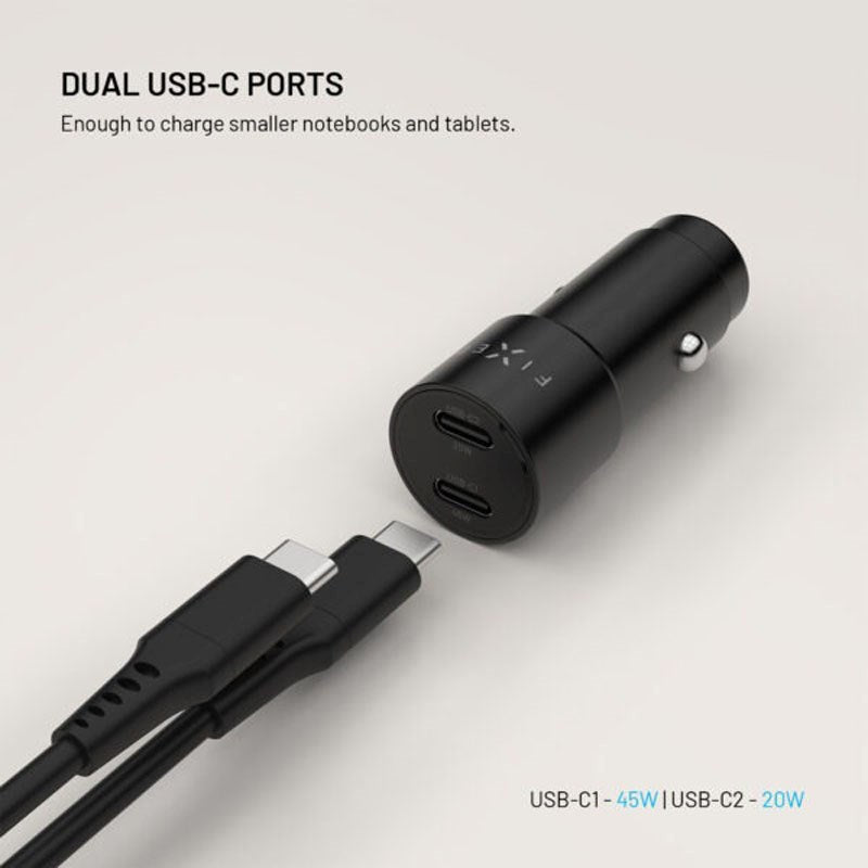Fixed Biloplader 65W m. 2 x USB-C - Sort