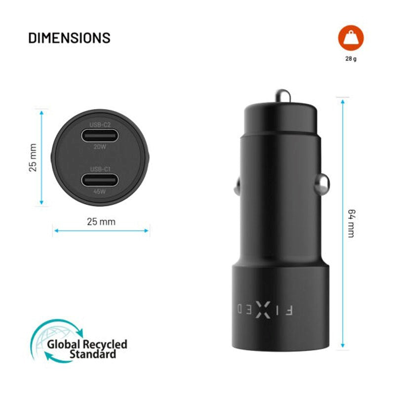 Fixed Biloplader 65W m. 2 x USB-C - Sort