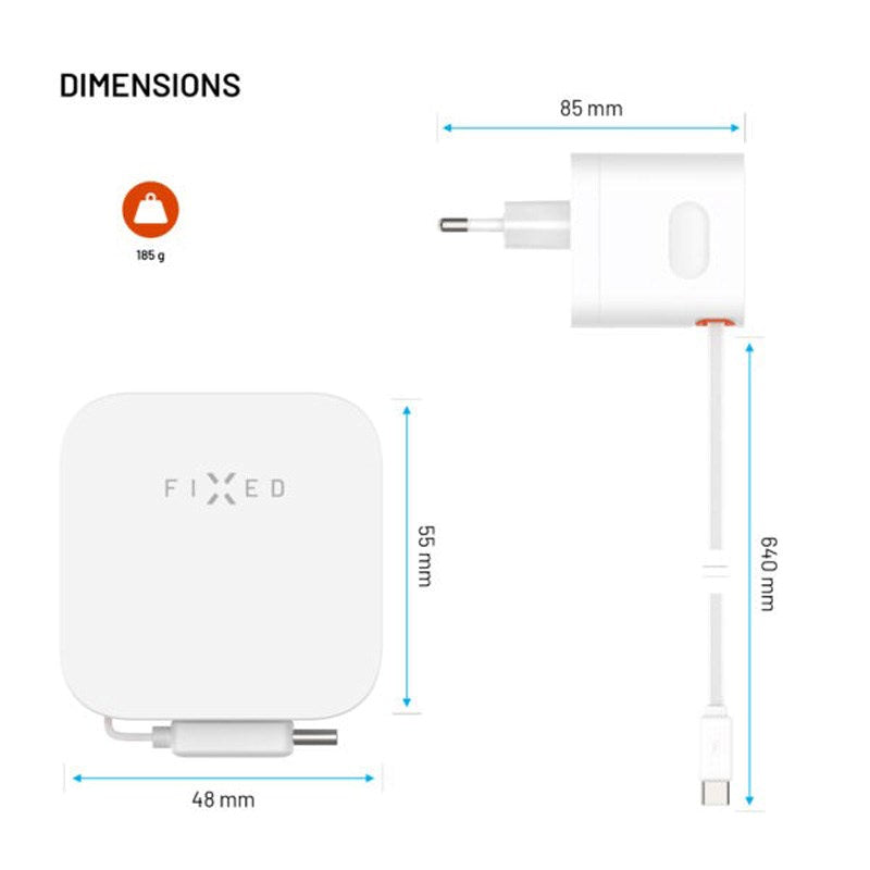 Fixed 65W USB-C Vægoplader m. Udtrækkeligt USB-C Kabel - Hvid