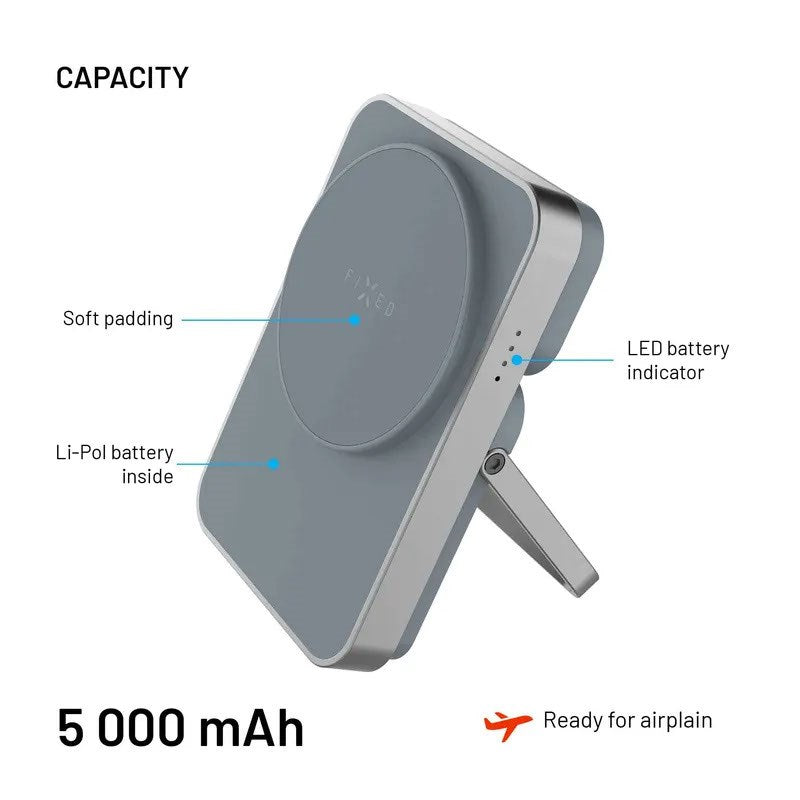 Fixed MagZen 5 20W Qi2 PowerBank m. Ståfunktion & Apple Watch Oplader - MagSafe Kompatibel - 5000 mAh - Grå