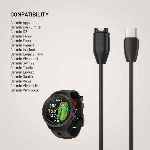 Fixed USB-C Ladekabel til Garmin Smartwatch - 2m - Sort