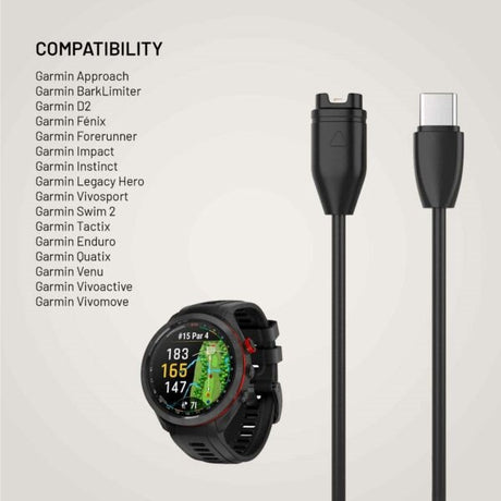 Fixed USB-C Ladekabel til Garmin Smartwatch - 2m - Sort