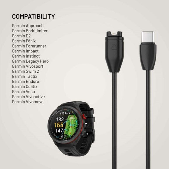 Fixed USB-C Ladekabel til Garmin Smartwatch - 2m - Sort