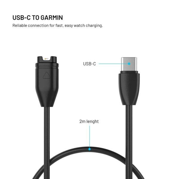 Fixed USB-C Ladekabel til Garmin Smartwatch - 2m - Sort