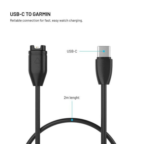 Fixed USB-C Ladekabel til Garmin Smartwatch - 2m - Sort