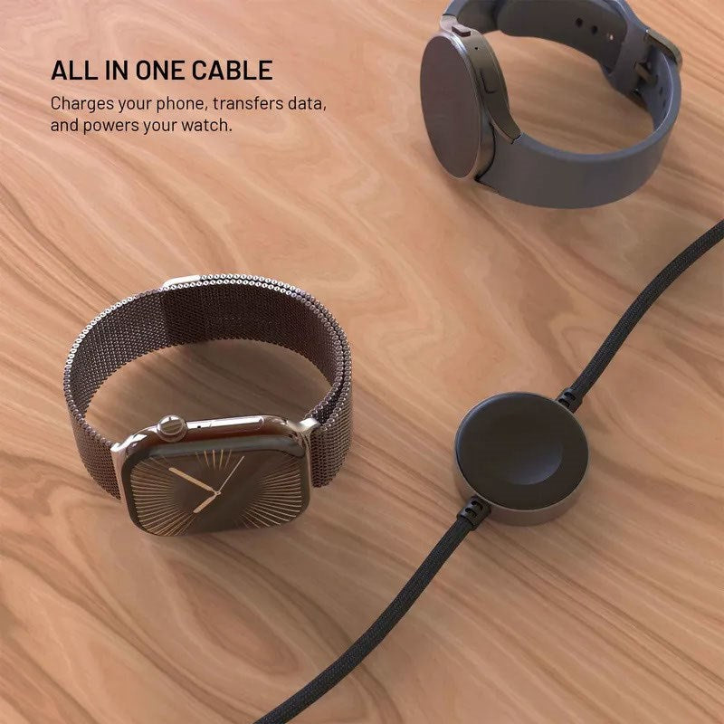 Fixed USB-C Opladningskabel til Apple Watch & Samsung Galaxy Watch - 1.5m - Sort