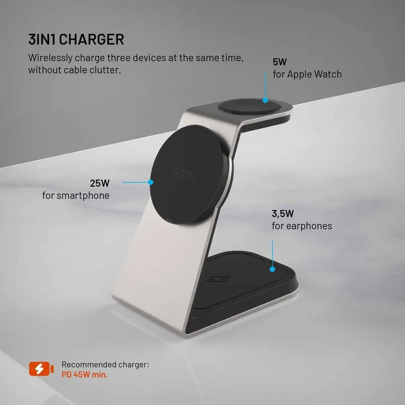 Fixed 3-i-1 Trådløs Oplader til Smartphone / Apple Watch Watch / AirPods Høretelefoner - MagSafe / Qi2 Kompatibel - Grå
