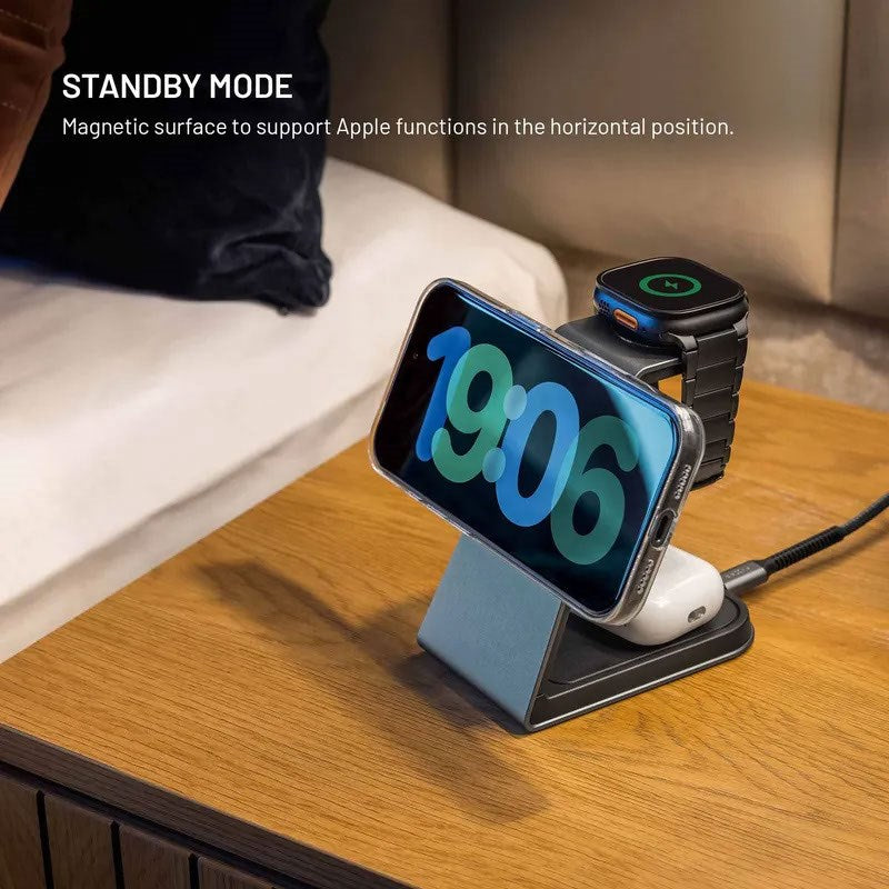 Fixed 3-i-1 Trådløs Oplader til Smartphone / Apple Watch Watch / AirPods Høretelefoner - MagSafe / Qi2 Kompatibel - Grå