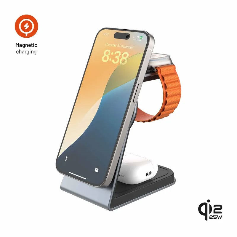 Fixed 3-i-1 Trådløs Oplader til Smartphone / Apple Watch Watch / AirPods Høretelefoner - MagSafe / Qi2 Kompatibel - Grå