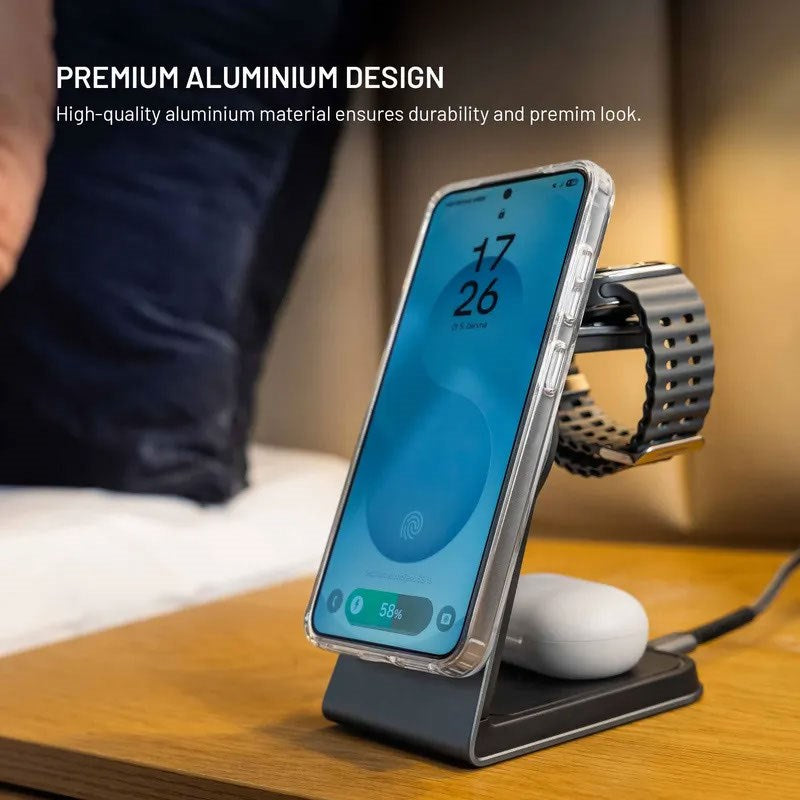 Fixed 3-i-1 Trådløs Oplader til Smartphone / Samsung Galaxy Watch / TWS Høretelefoner - MagSafe / Qi2 Kompatibel - Grå