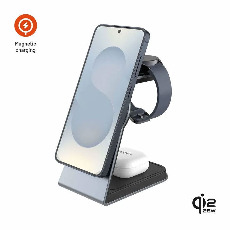 Fixed 3-i-1 Trådløs Oplader til Smartphone / Samsung Galaxy Watch / TWS Høretelefoner - MagSafe / Qi2 Kompatibel - Grå