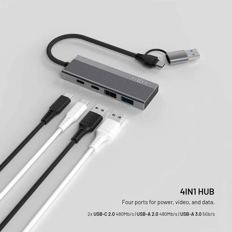 Fixed 4-i-1 USB-C Multiport m. 2 x USB-A 2 x USB-C - Sølv