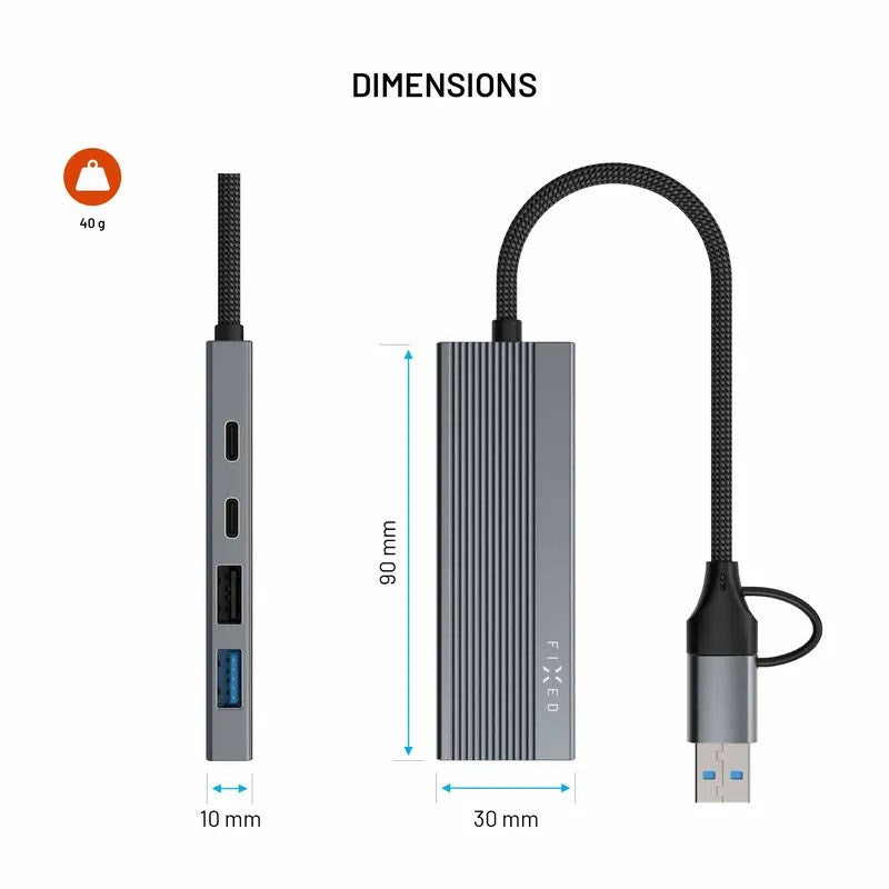 Fixed 4-i-1 USB-C Multiport m. 2 x USB-A 2 x USB-C - Sølv