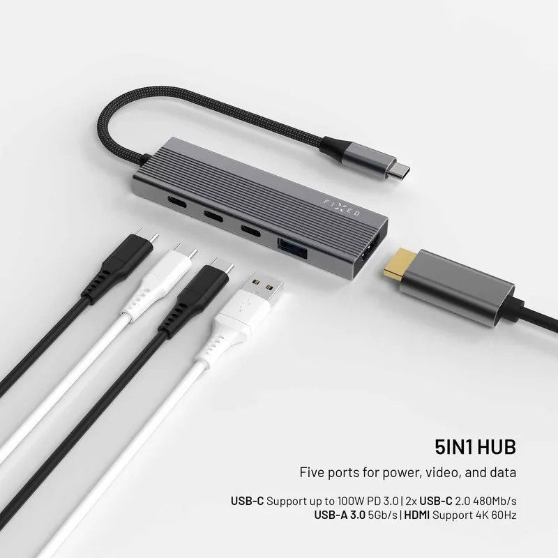 Fixed 5-i-1 USB-C Multiport m. 3 x USB-C 1 x USB-A 1 x HDMI - Sølv