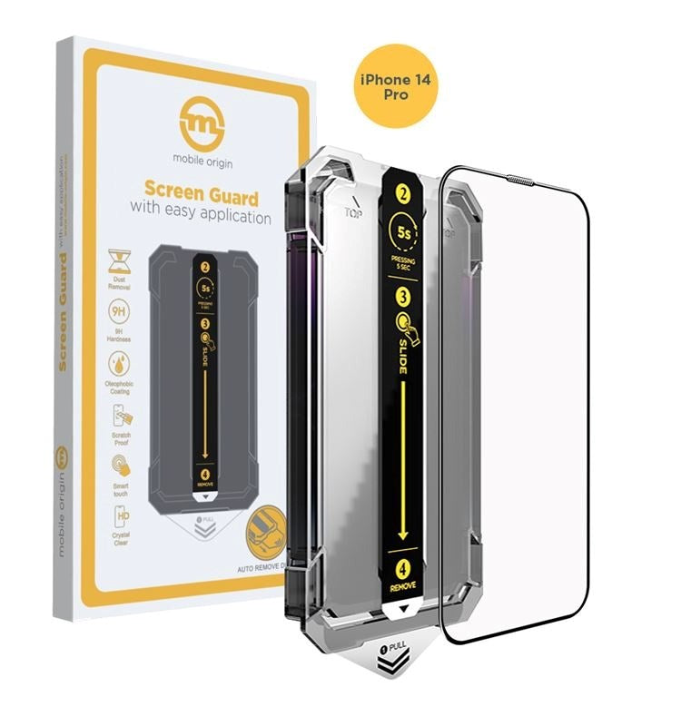 iPhone 14 Pro Mobile Origin Skærmbeskyttelsesglas m. Applikator - Gennemsigtig / Sort Kant
