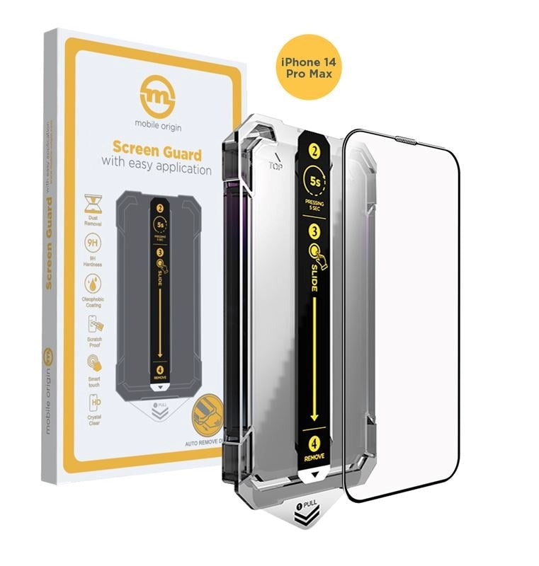 iPhone 14 Pro Max Mobile Origin Skærmbeskyttelsesglas m. Applikator - Gennemsigtig / Sort Kant