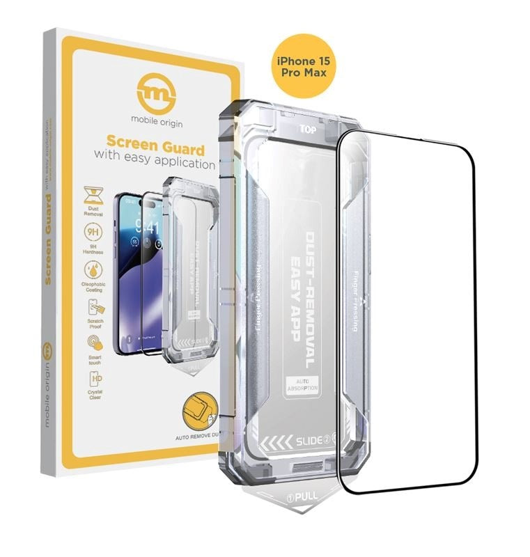 iPhone 15 Pro Max Mobile Origin Skærmbeskyttelsesglas m. Applikator - Gennemsigtig / Sort Kant