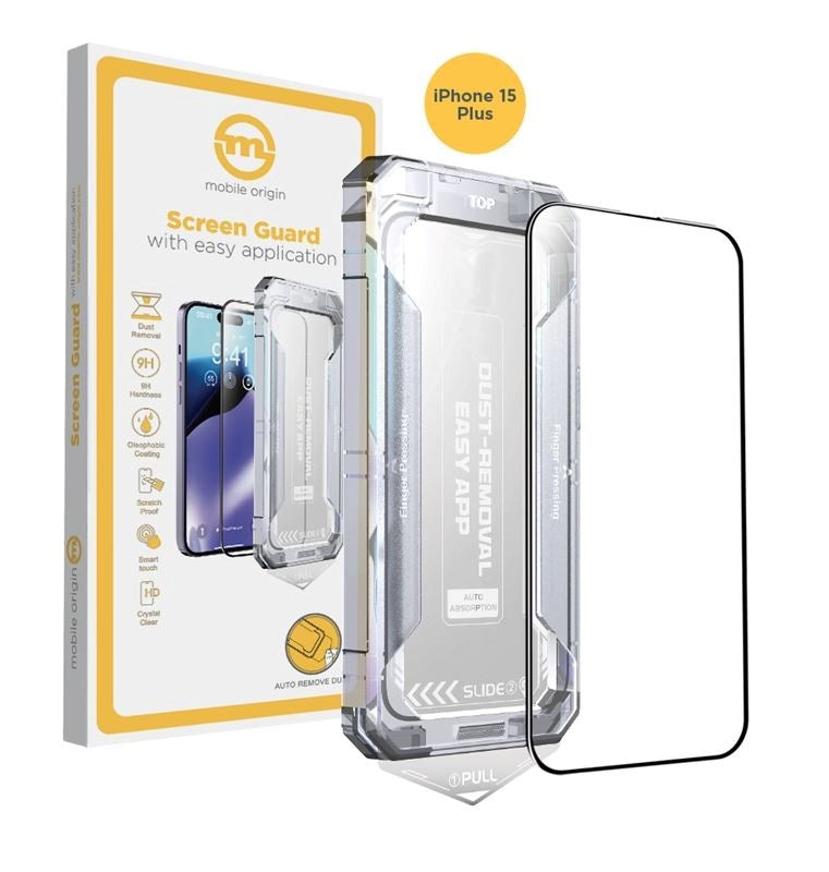 iPhone 15 Plus Mobile Origin Skærmbeskyttelsesglas m. Applikator - Gennemsigtig / Sort Kant