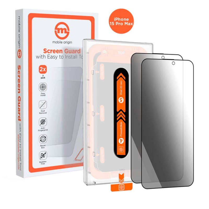 iPhone 15 Pro Max Mobile Origin Beskyttelsesglas m. Privacy Funktion - Case Friendly - 2 stk - Sort Kant