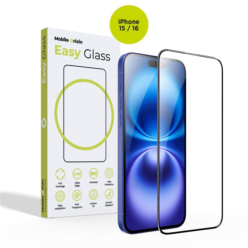 iPhone 15 / 16 Mobile Origin EasyGlass Skærmbeskyttelsesglas - Gennemsigtig / Sort Kant