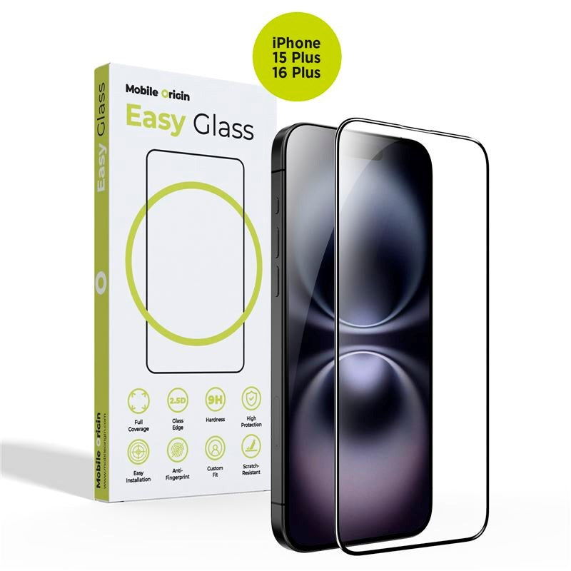 iPhone 15 Plus / 16 Plus Mobile Origin EasyGlass Skærmbeskyttelsesglas - Gennemsigtig / Sort Kant