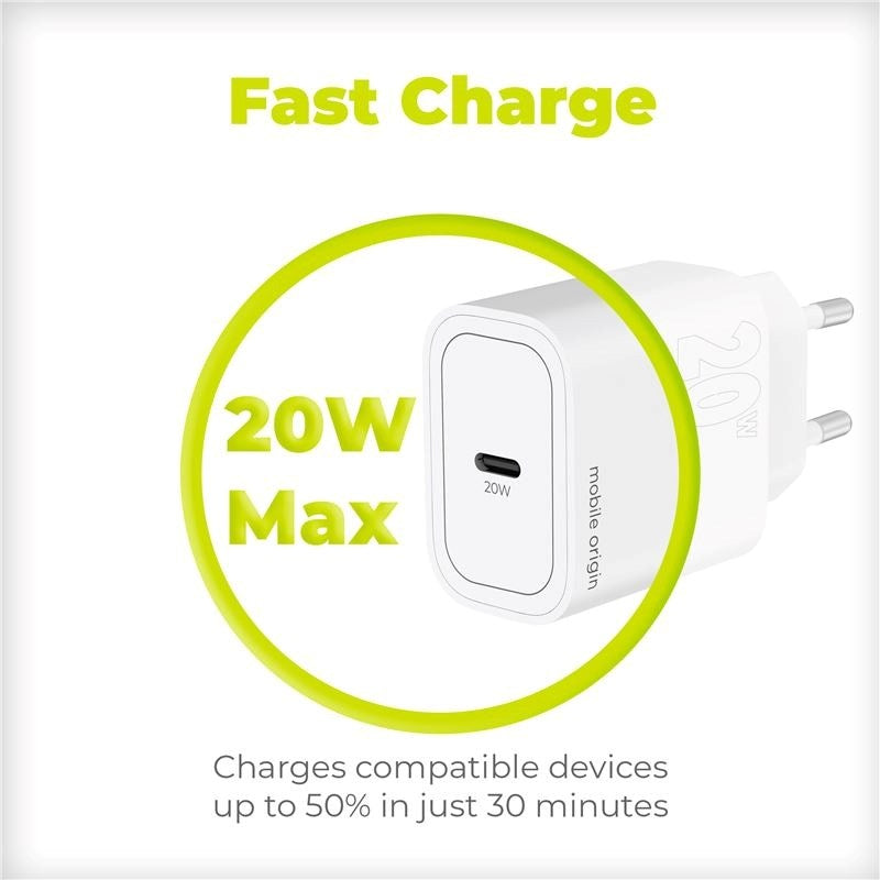 Mobile Origin PD (Power Delivery) 20W Vægoplader m. USB-C - Hvid