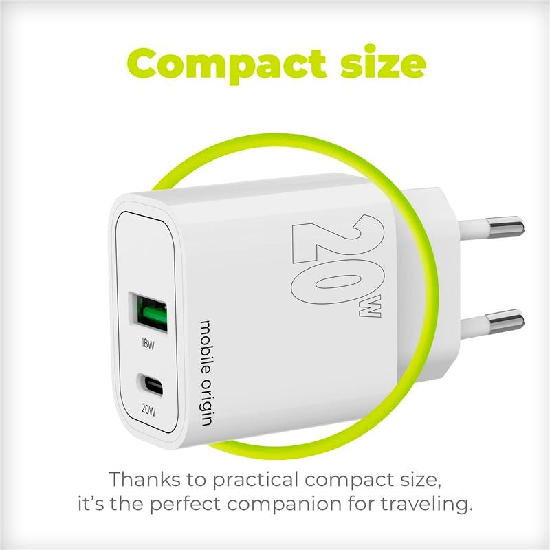 Mobile Origin MO12 20W Vægoplader m. 1x USB-A & 1x USB-C - Hvid