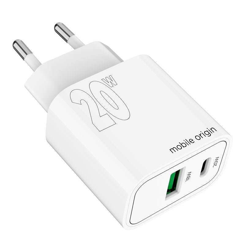 Mobile Origin MO12 20W Vægoplader m. 1x USB-A & 1x USB-C - Hvid