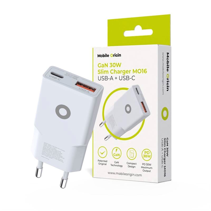 Mobile Origin MO16 30W Slim Vægoplader m. 1x USB-C & 1x USB-A - Hvid