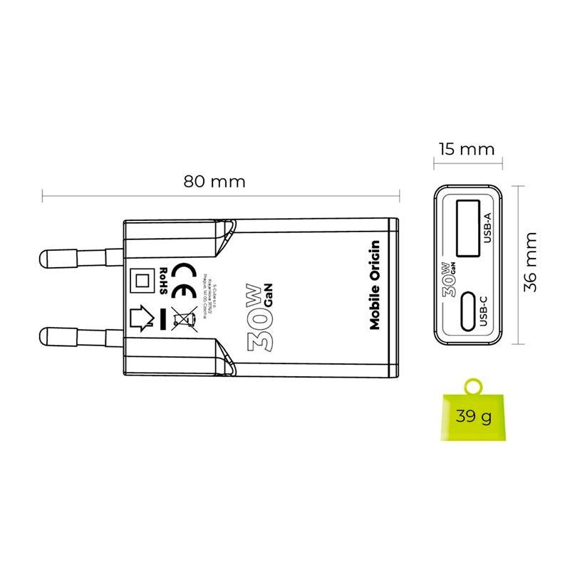 Mobile Origin MO16 30W Slim Vægoplader m. 1x USB-C & 1x USB-A - Hvid