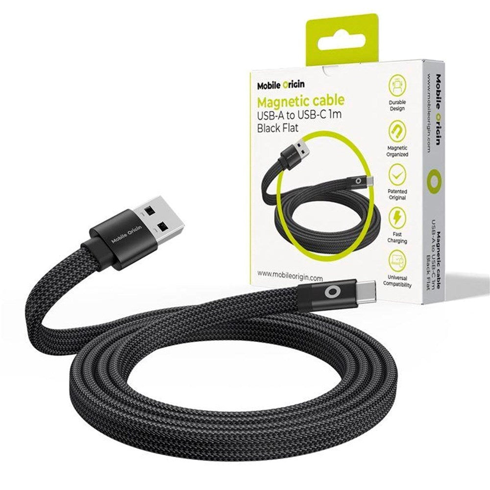Mobile Origin Fladt Magnetisk USB-A til USB-C Kabel - 1m - Sort