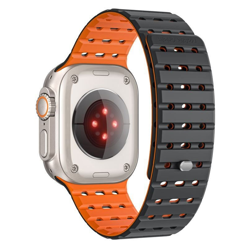 Apple Watch (42/44/SE/45/46/49mm) Mobile Origin Magnetisk Silikone Rem - Sort / Orange