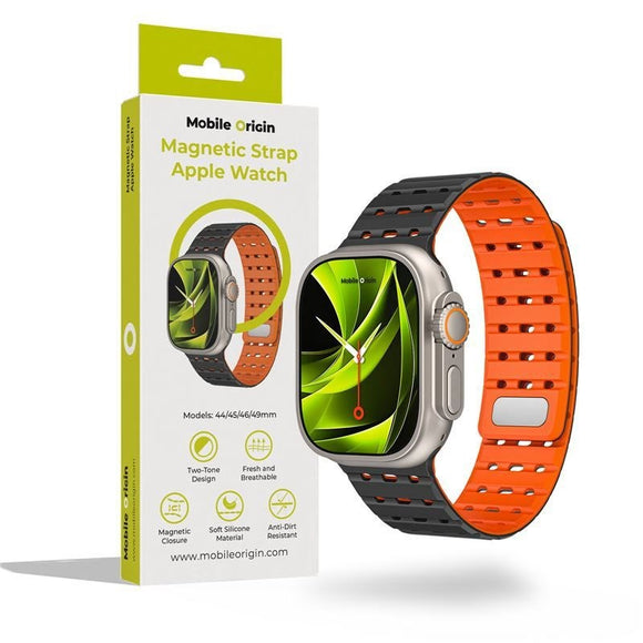 Apple Watch (42/44/SE/45/46/49mm) Mobile Origin Magnetisk Silikone Rem - Sort / Orange