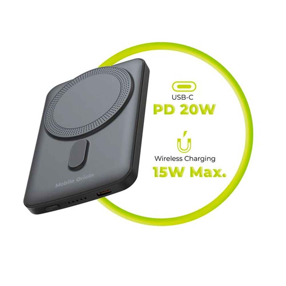 Mobile Origin 20W Powerbank 5000mAh m. LED-Display - USB-C Stik - Grå