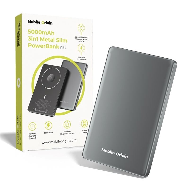 Mobile Origin 3-i-1 Powerbank 5000mAh Slim - m. MagSafe & Hurtig Opladning