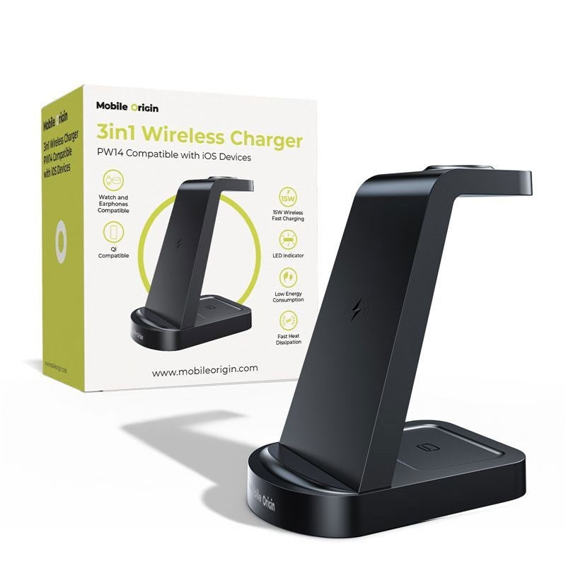 Mobile Origin 3-i-1 Trådløs Oplader - iPhone - Apple Watch - AirPods - MagSafe / Qi Kompatibel - Sort