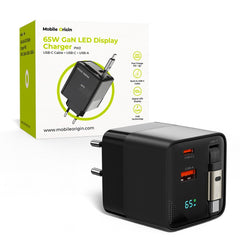 Mobile Origin Display Vægoplader m. 1 x USB-A / 1 x USB-C / 1 x Udtrækkelig USB-C Kabel - 65W - Sort