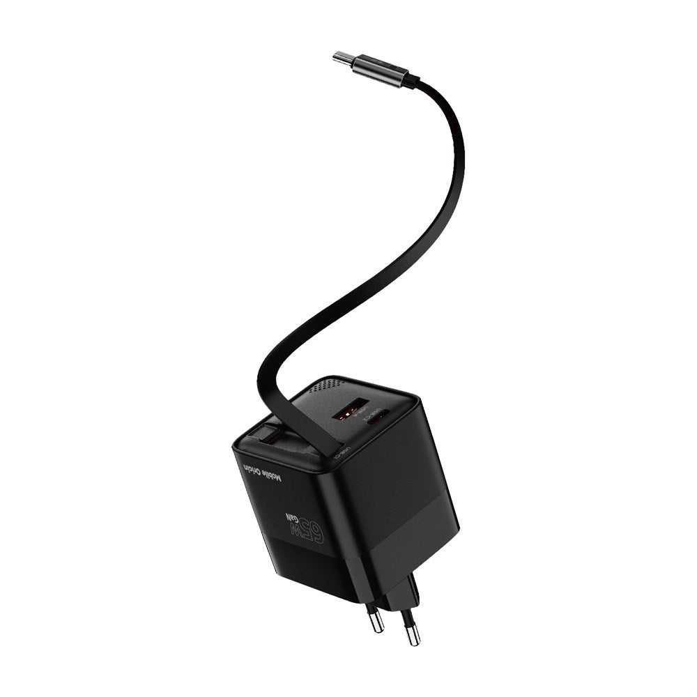 Mobile Origin Display Vægoplader m. 1 x USB-A / 1 x USB-C / 1 x Udtrækkelig USB-C Kabel - 65W - Sort