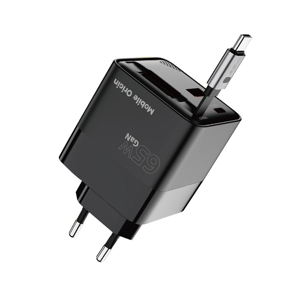 Mobile Origin Display Vægoplader m. 1 x USB-A / 1 x USB-C / 1 x Udtrækkelig USB-C Kabel - 65W - Sort