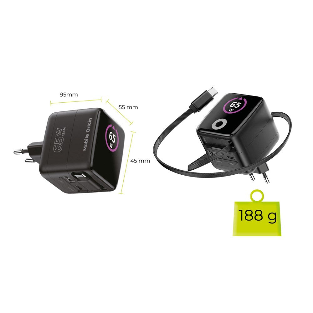 Mobile Origin GaN 65W Display Vægoplader m. 1 x USB-A / 1 x USB-C / 1 x Udtrækkelig USB-C Kabel - Sort