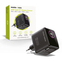 Mobile Origin GaN 65W Display Vægoplader m. 1 x USB-A / 1 x USB-C / 1 x Udtrækkelig USB-C Kabel - Sort