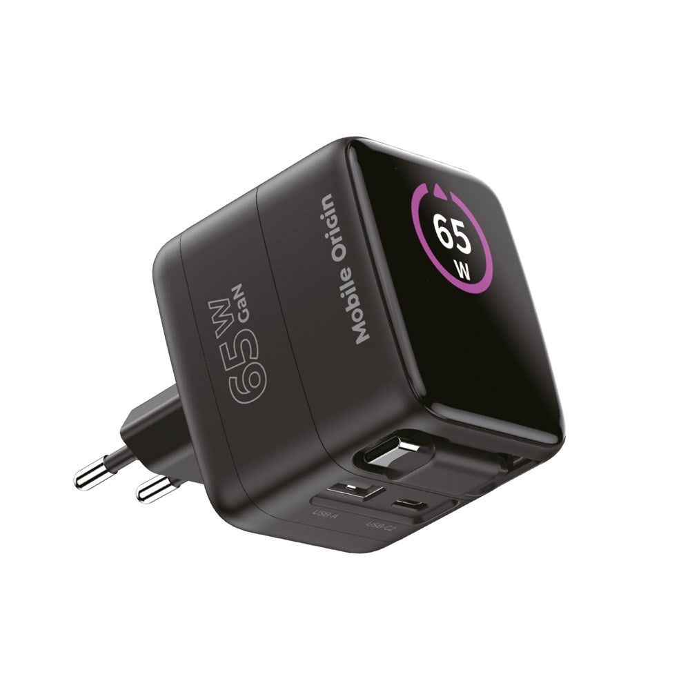 Mobile Origin GaN 65W Display Vægoplader m. 1 x USB-A / 1 x USB-C / 1 x Udtrækkelig USB-C Kabel - Sort
