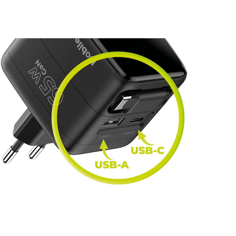 Mobile Origin GaN 65W Display Vægoplader m. 1 x USB-A / 1 x USB-C / 1 x Udtrækkelig USB-C Kabel - Sort