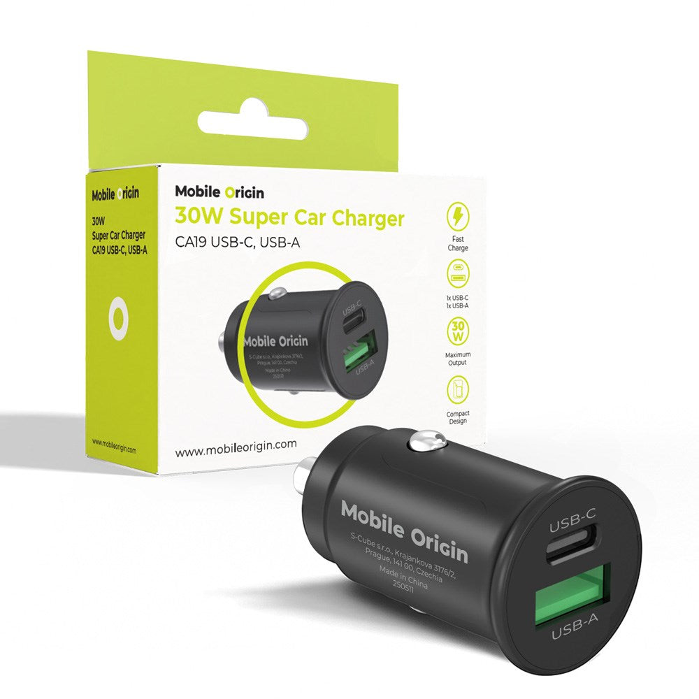 Mobile Origin 30W Biloplader m. 1 x USB-A & 1 x USB-C - Sort