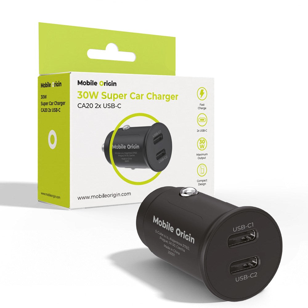 Mobile Origin 30W Biloplader m. 2 x USB-C - Sort