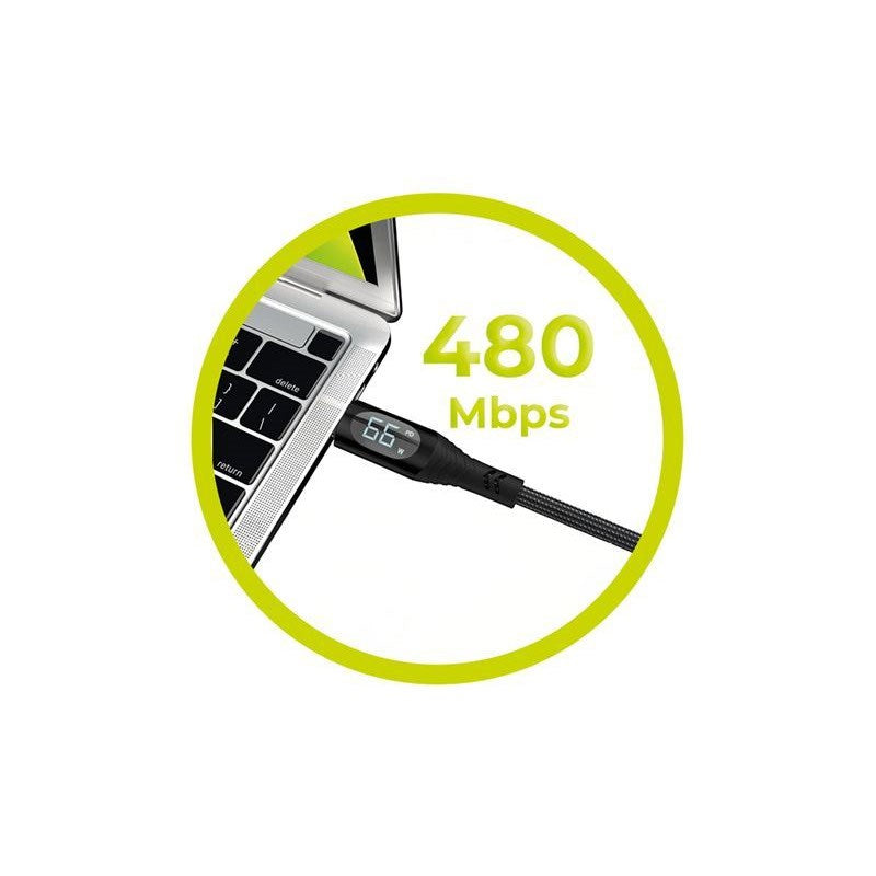 Mobile Origin 66W USB-A til USB-C Kabel m. Display - 1,5 m - Sort