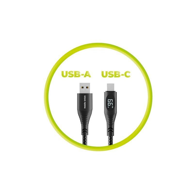 Mobile Origin 66W USB-A til USB-C Kabel m. Display - 1,5 m - Sort